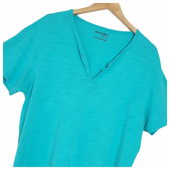 Old Navy T Shirt Teal Blue Notched V Neck 3 Button Henley Short Sleeve T Shirt - Picture 4 of 12